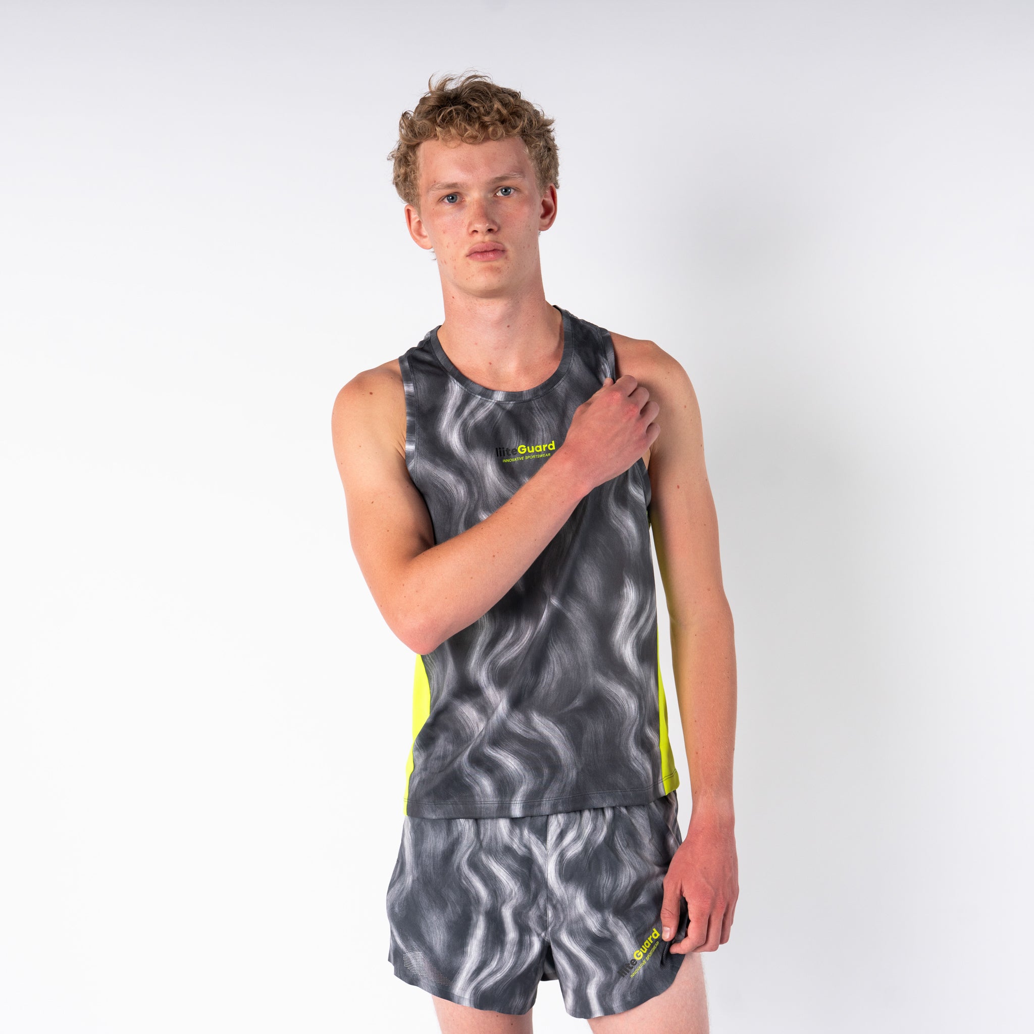 liiteGuard RACE GROUND-TECH SINGLET (MEN) Singlet Grey AOP w. Neon Yellow