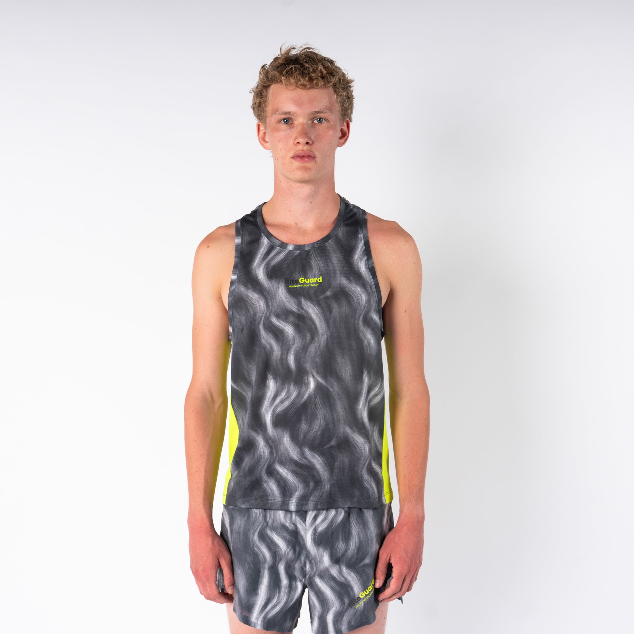 liiteGuard RACE GROUND-TECH SINGLET (MEN) Singlet Grey AOP w. Neon Yellow