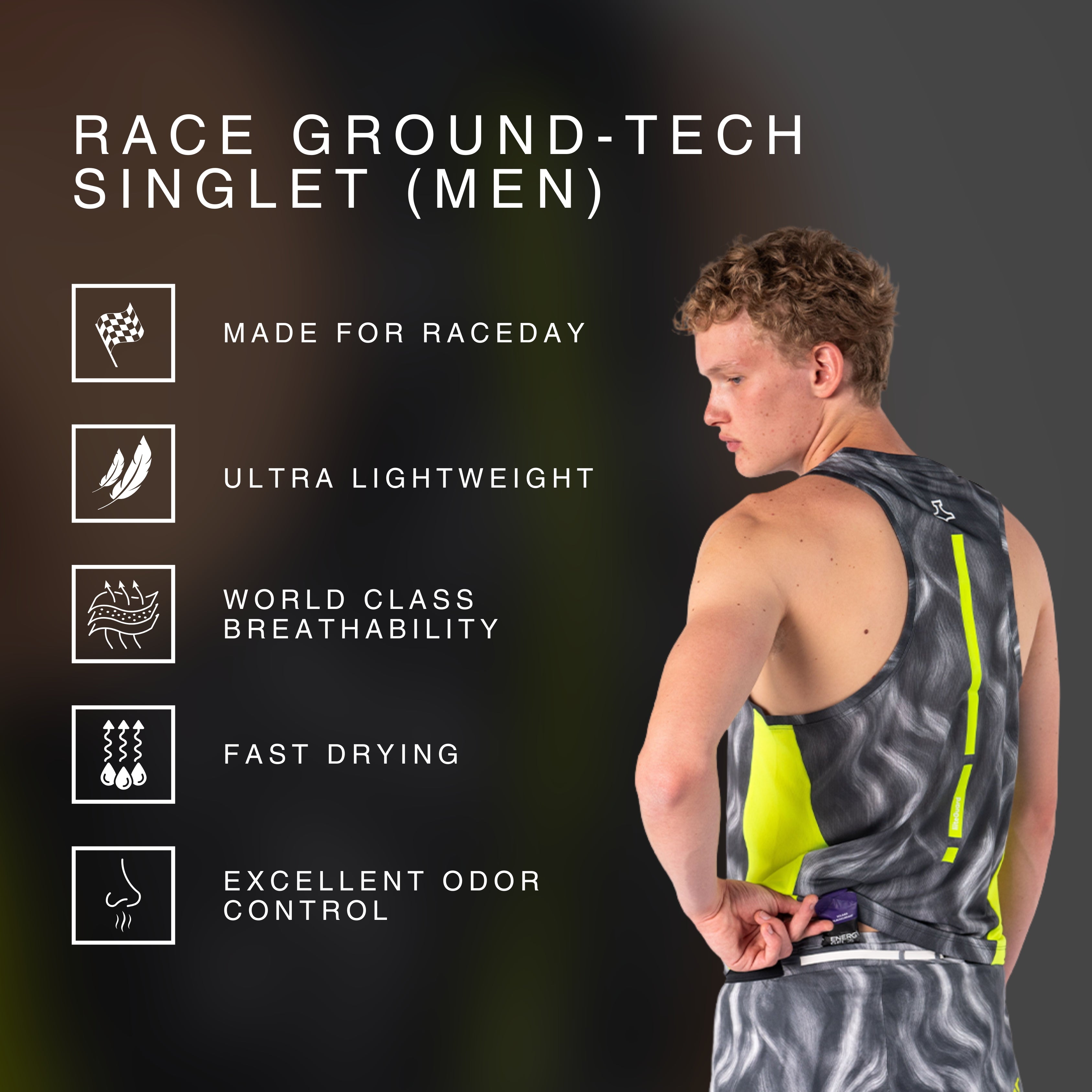 RACE GROUND-TECH SINGLET (MEN) - Grey AOP w. Neon Yellow